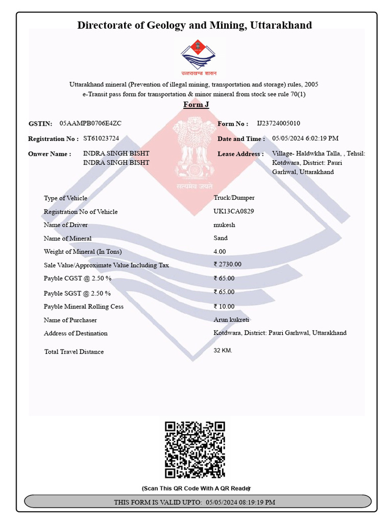 Uttarakhand Mineral Transportation Form | PDF