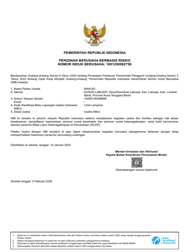 NIB Perizinan Usaha Makudi NTB | PDF