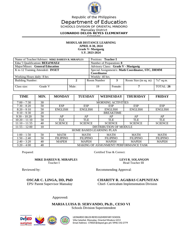 Grade V Modular Distance Learning Plan | PDF | Philippines