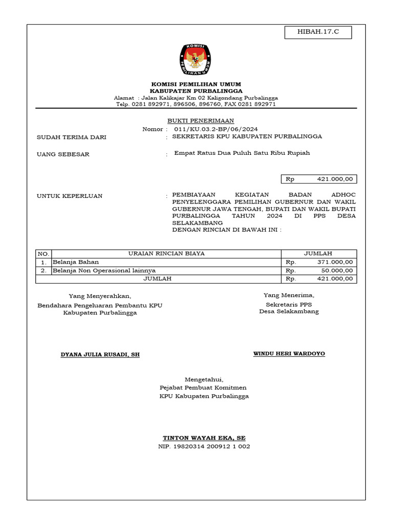 Bukti Penerimaan KPU Purbalingga 2024 | PDF