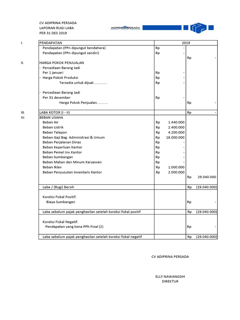 Laporan Rugi Laba CV Adiprima 2019 | PDF