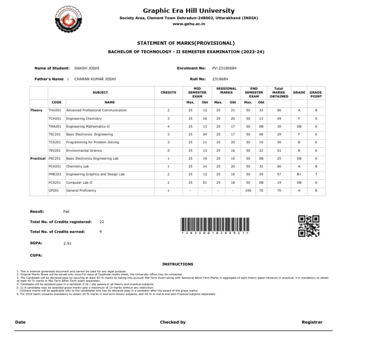 Provisional Marks Statement B.Tech II Semester | PDF | Educational Stages