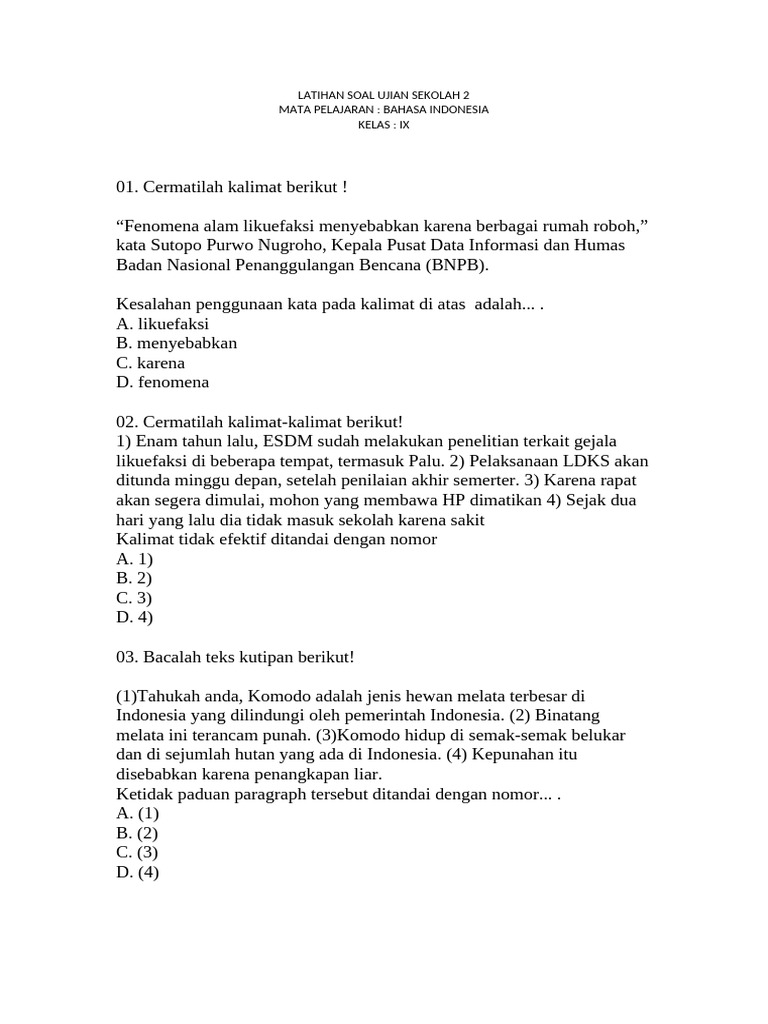 Soal Ujian Bahasa Indonesia Kelas IX | PDF