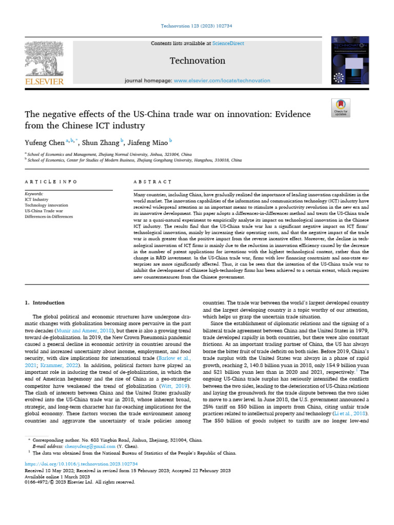 Impact of US-China Trade War on ICT Innovation | PDF | Linear ...