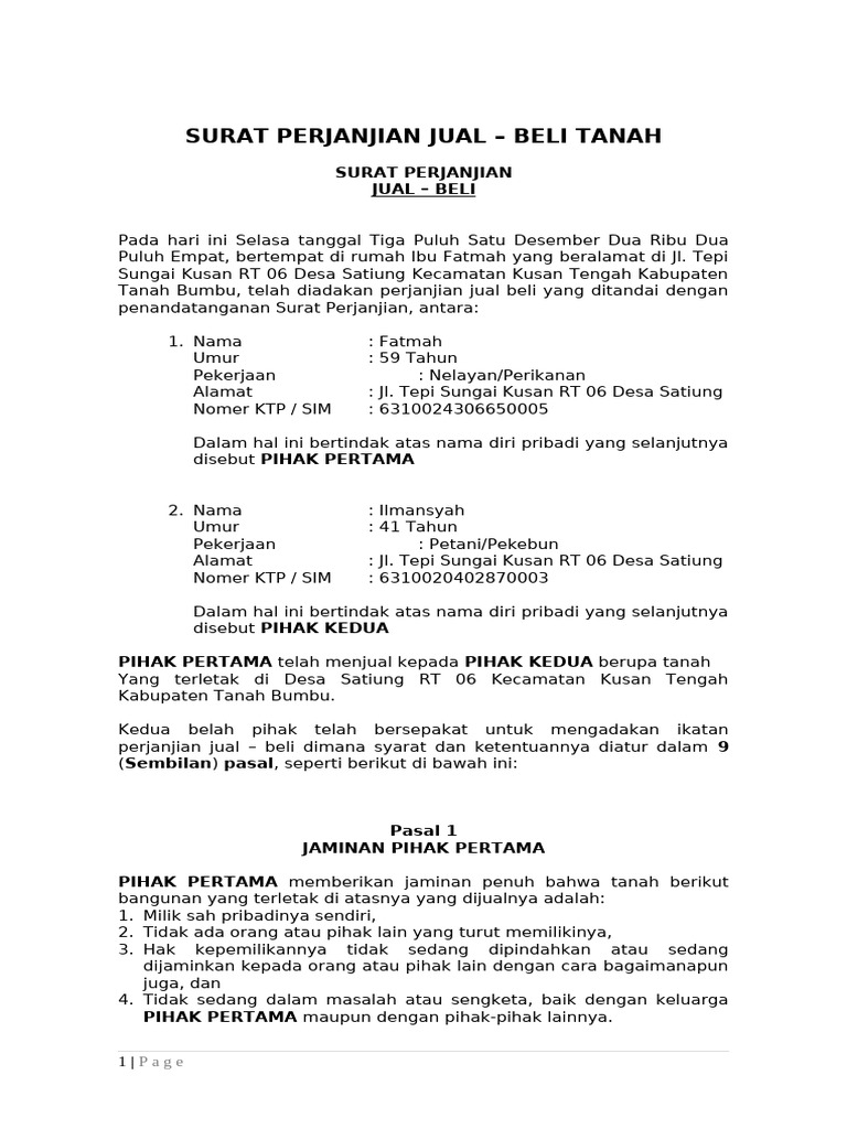 Perjanjian Jual Beli Tanah Satiung | PDF