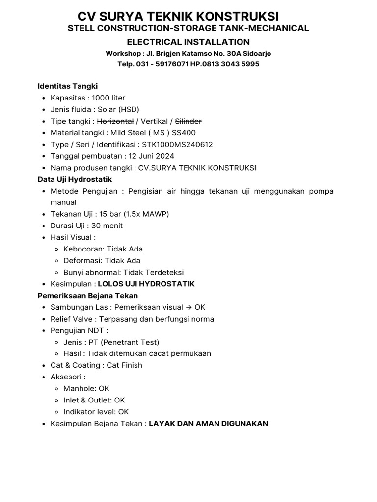 Desain dan Spesifikasi Tangki Solar 1000L | PDF