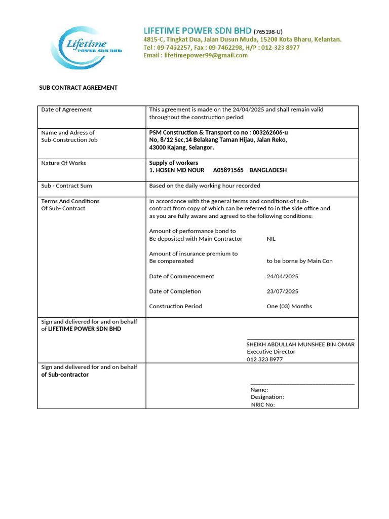 Subcontract Agreement for Construction Services | PDF