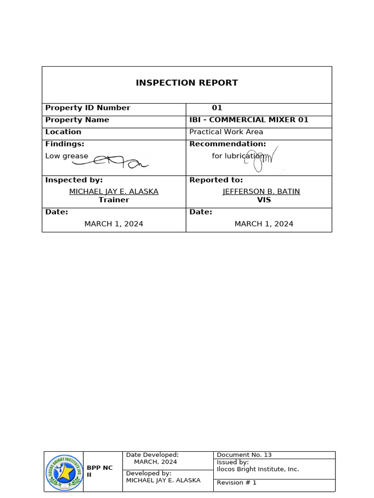 IBI Commercial Mixer Inspection Report | PDF