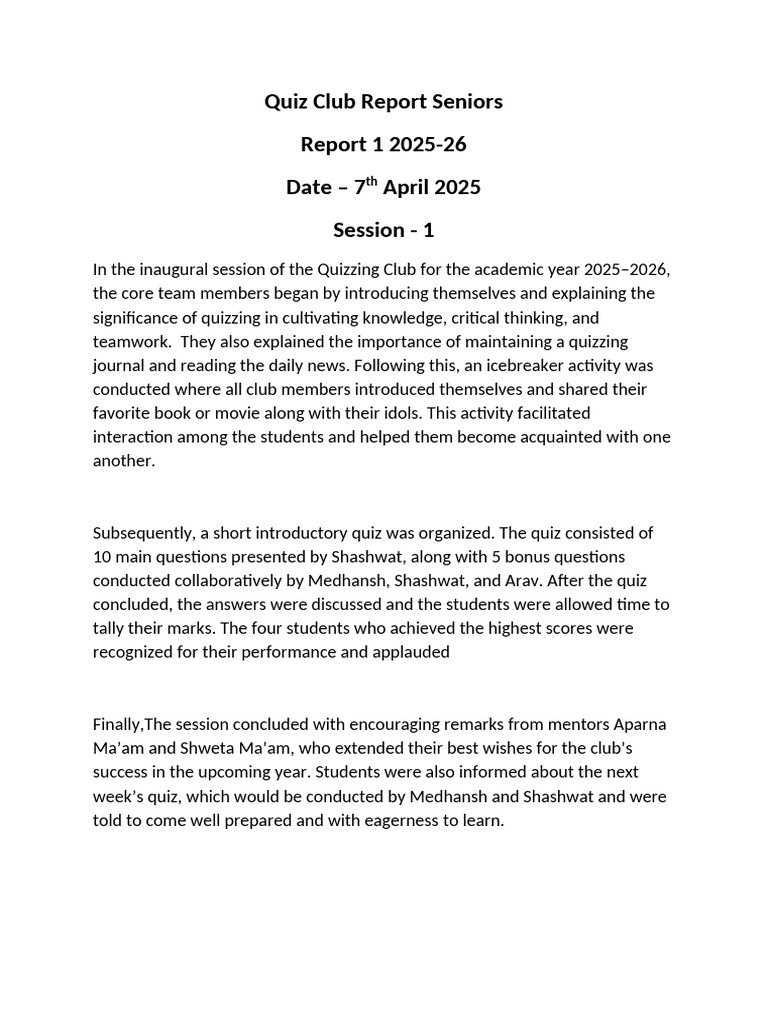 Quiz Club Inaugural Session Report | PDF