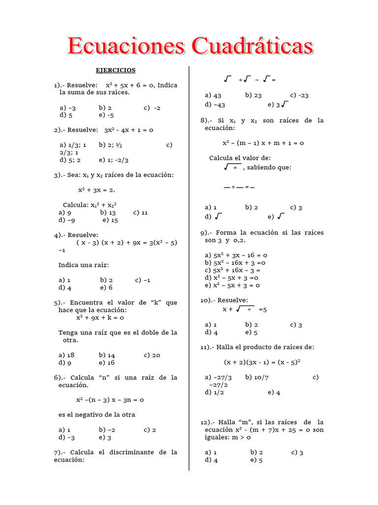 Ejercicios de Ecuaciones Cuadráticas | PDF | Álgebra | Matemáticas