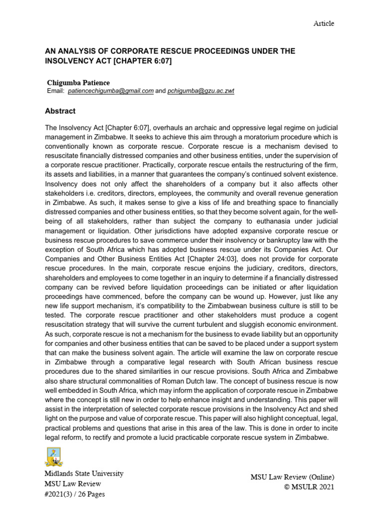 Corporate Rescue Proceedings in Zimbabwe | PDF | Bankruptcy | Insolvency
