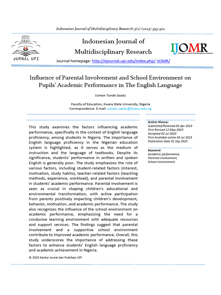 Parental Involvement and School Impact on English Performance | PDF ...