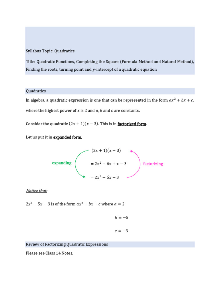 Quadratic Functions and Completing the Square | PDF | Quadratic ...