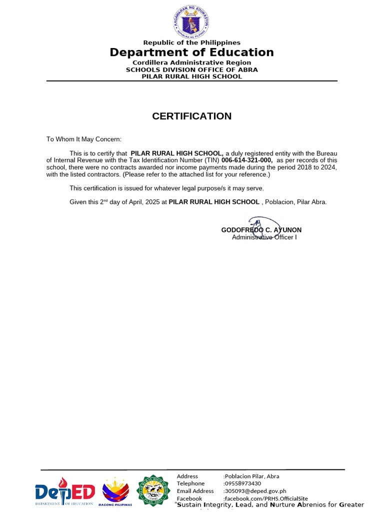 Pilar Rural High School Certification 2025 | PDF