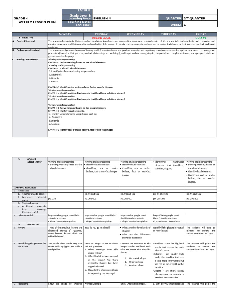 Grade 4 English Weekly Lesson Plan | PDF | Image | Multimedia