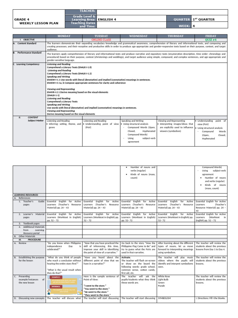 Grade 4 English Weekly Lesson Plan | PDF | English Language | Reading ...