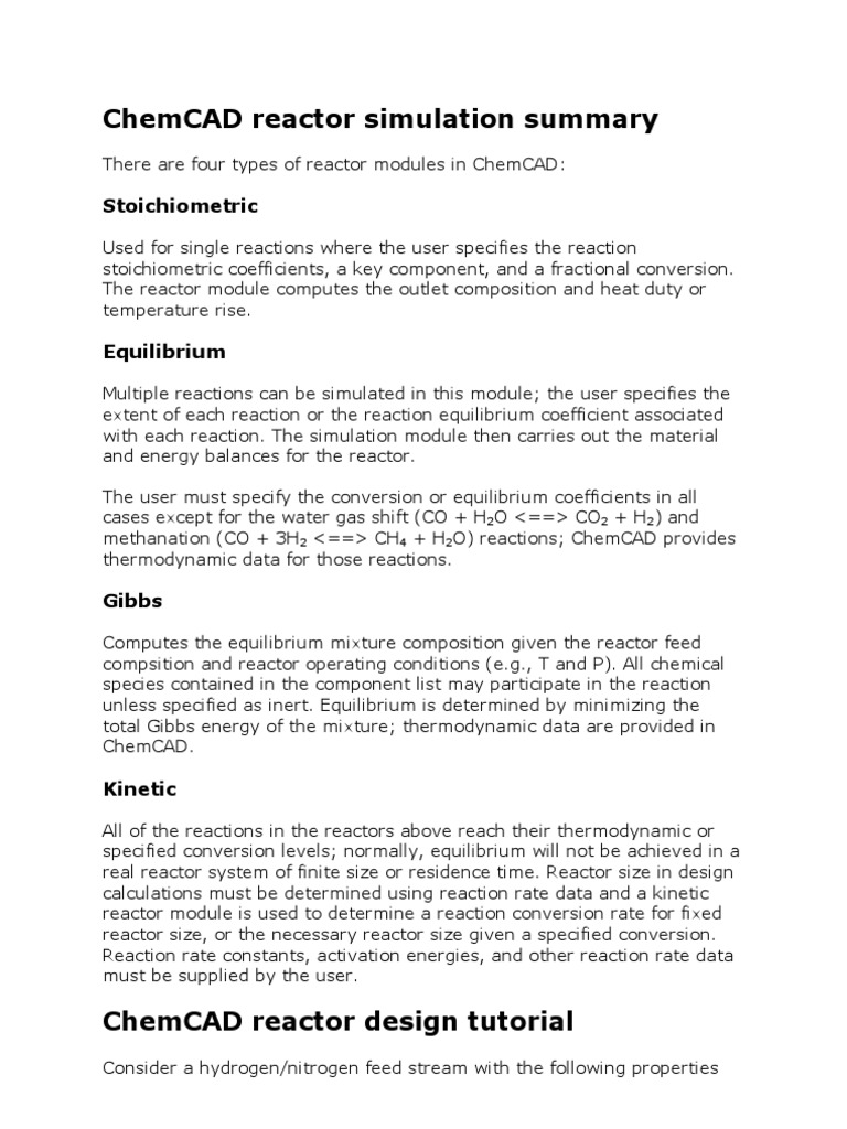 ChemCAD Reactor Design Overview | PDF | Chemical Equilibrium | Chemical ...