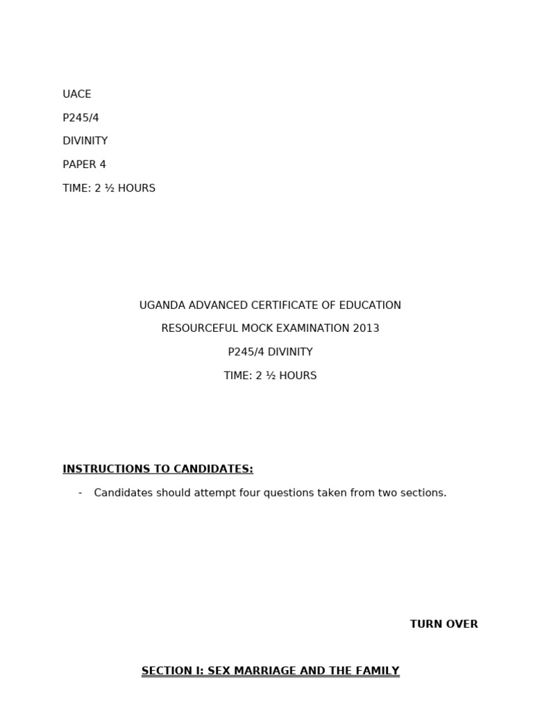 UACE Divinity Paper 4 Mock Exam 2013 | PDF | Marriage | Family