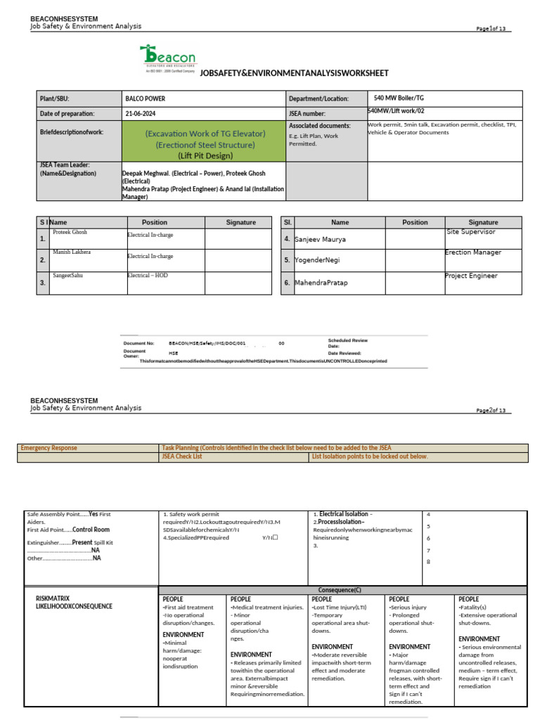 Job Safety & Environment Analysis for Excavation | PDF | Personal ...