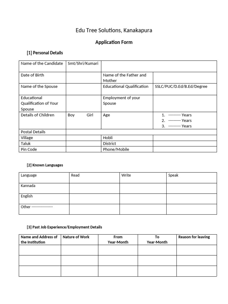 Teacher Application Form - Edu Tree Solutions | PDF