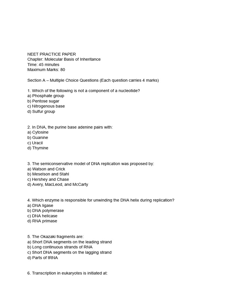 NEET Molecular Inheritance Practice Test | PDF | Dna | Rna