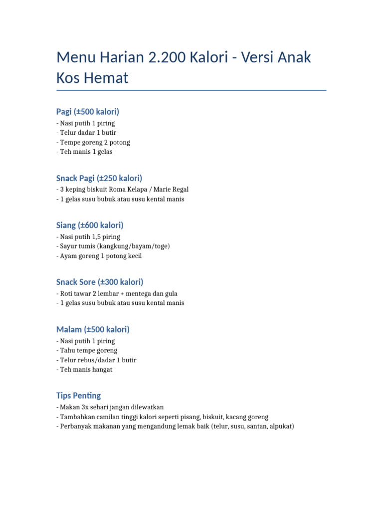 Menu Harian 2200 Kalori Anak Kos | PDF