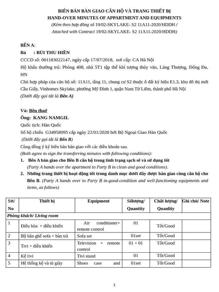 BIÊN BẢN BÀN GIAO TRANG THIẾT BỊ - full đồ | PDF