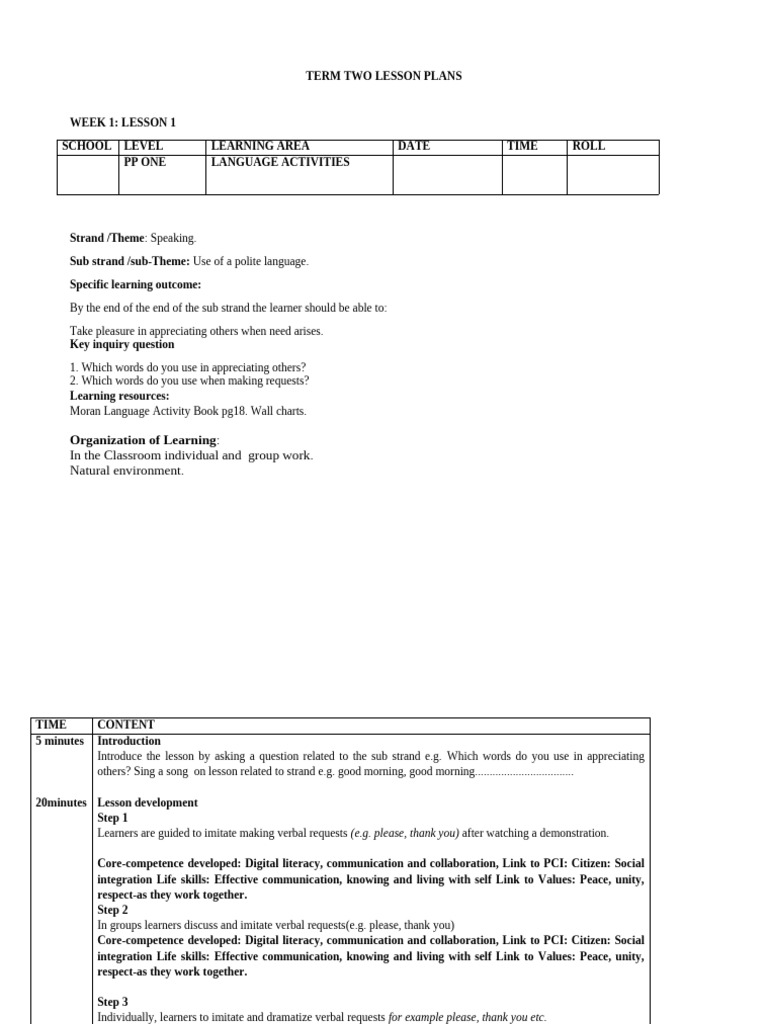 Pre Priamry 1 Moran Langauge Activities Lesson Plans Term Two 31 21 May ...