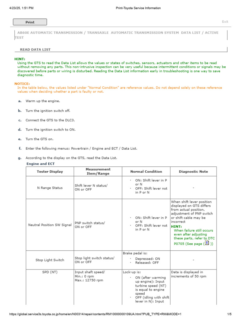 Transaxle Automatic Transmission System Data List - Active Test | PDF ...