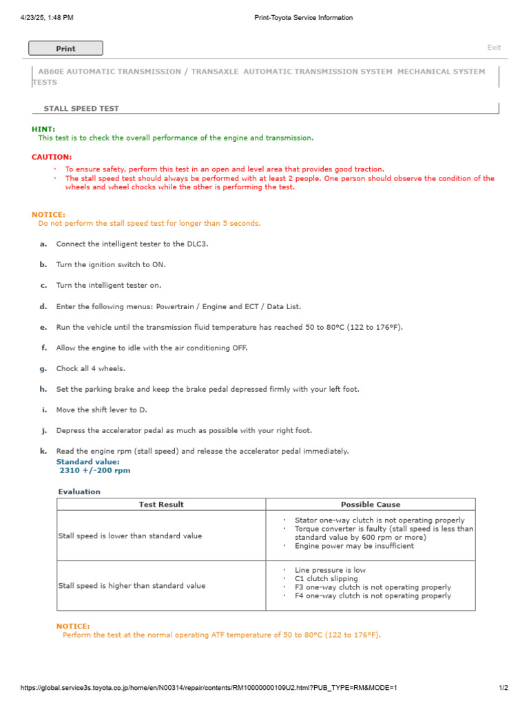 Transaxle Automatic Transmission System Mechanical System Tests | PDF ...