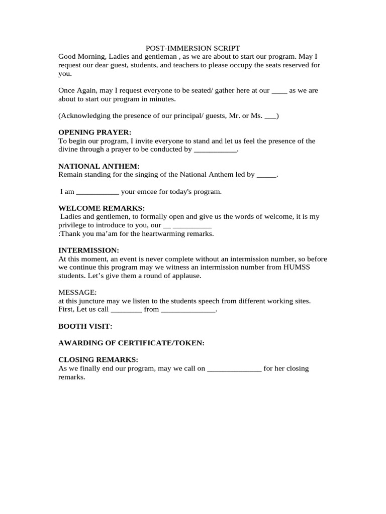 Post-Immersion Program Script | PDF