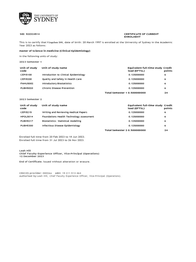 University of Sydney Enrollment Certificate | PDF | Public Services ...