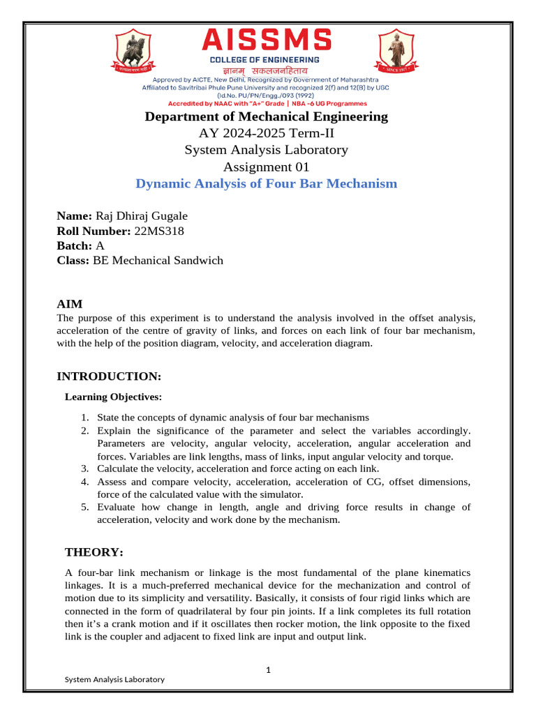 Raj MBD 1 Dynamic Analysis of Four Bar Mechanism | PDF | Acceleration ...