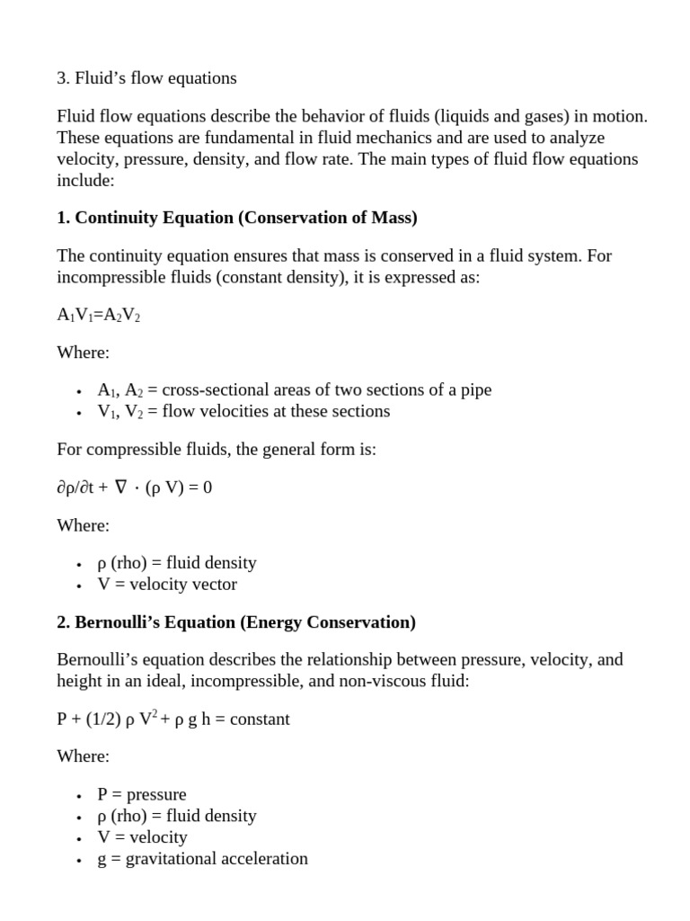 Fluid Flow Equations Overview | PDF | Fluid Dynamics | Navier–Stokes ...
