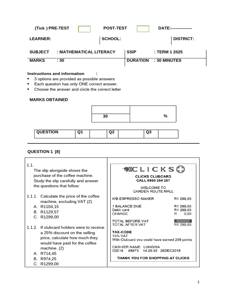 Maths Lit SSIP Term 1 2025 Pre Post-Test QA | PDF | Tax Bracket | Taxes