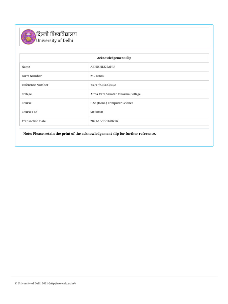 B.Sc Computer Science Acknowledgement Slip | PDF