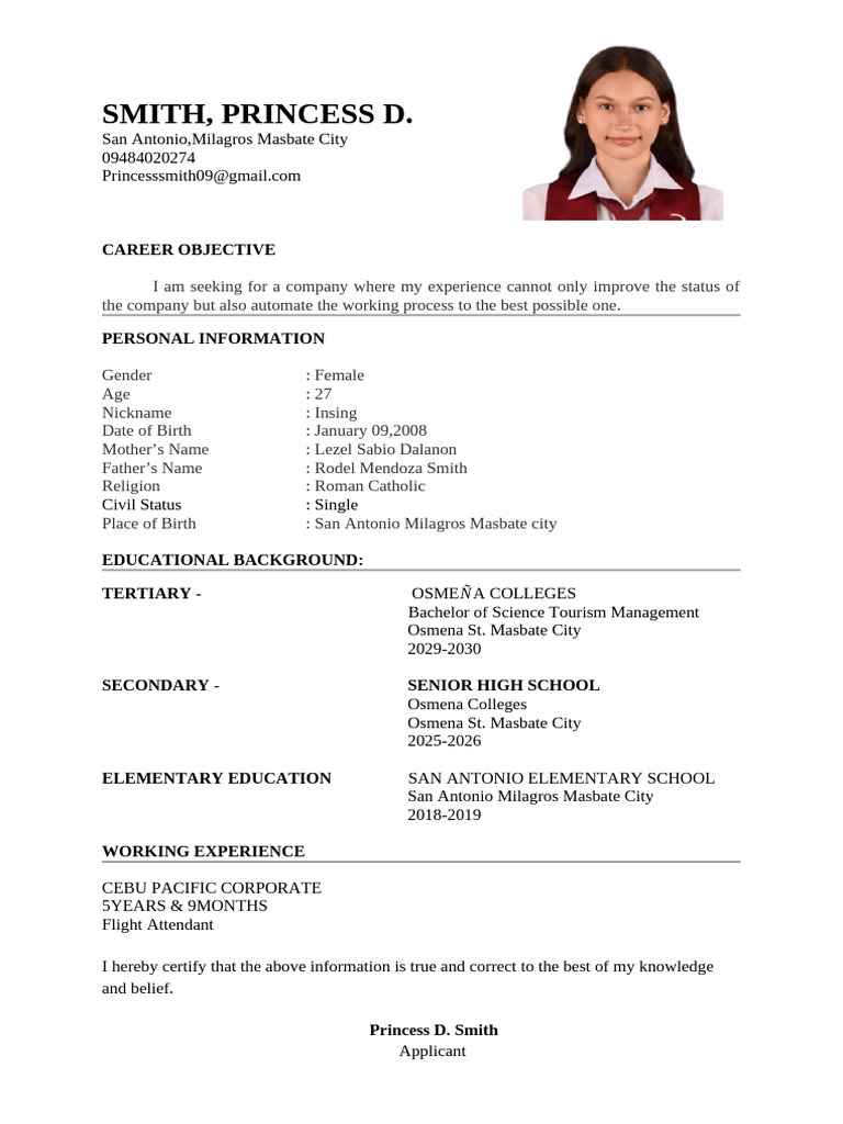 Princess D. Smith - Flight Attendant Resume | PDF