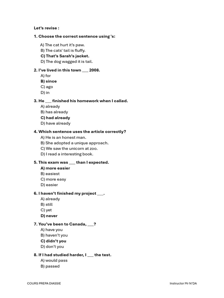 English Grammar Practice Quiz | PDF | Foods | Cuisine
