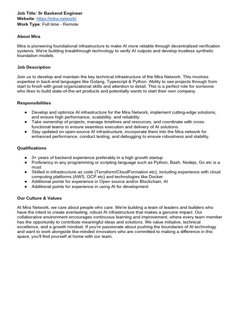 Senior Backend Engineer at Mira | PDF | Artificial Intelligence ...
