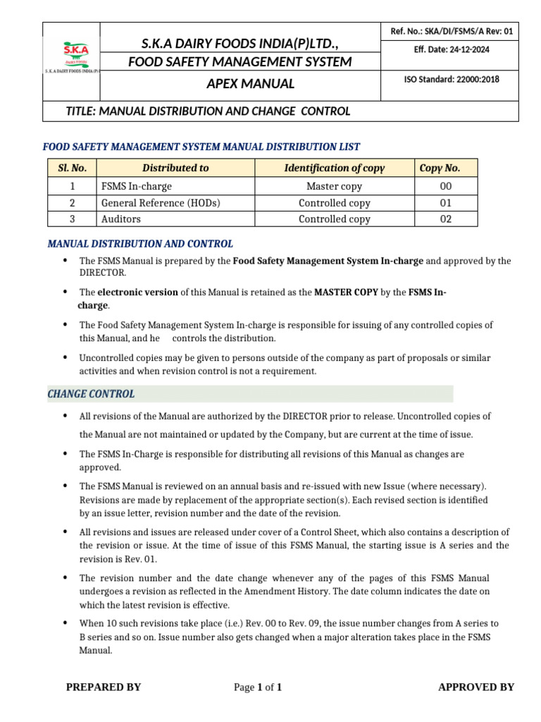 FSMS Manual Distribution & Change Control | PDF