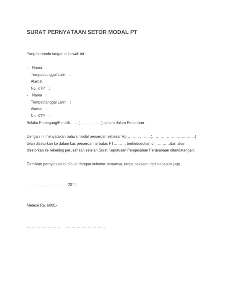 Surat Pernyataan Setor Modal PT | PDF