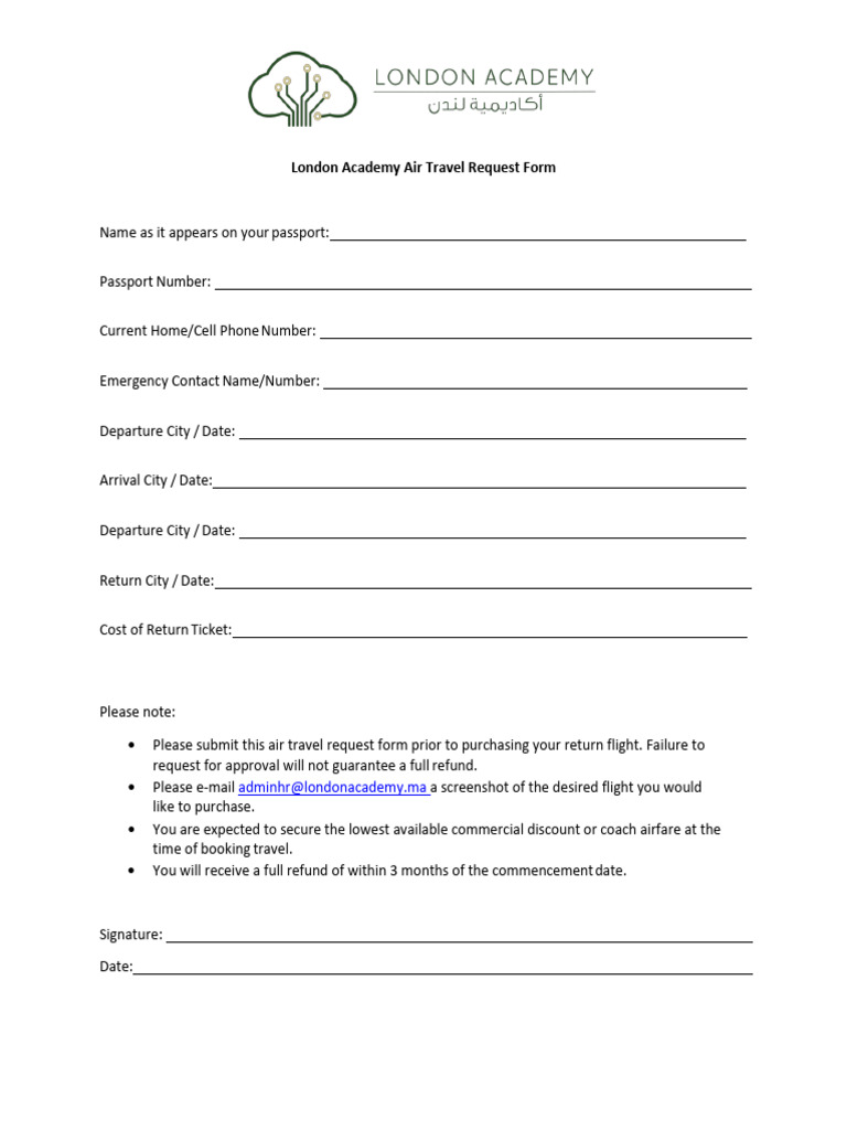 London Academy Air Travel Request Form | PDF
