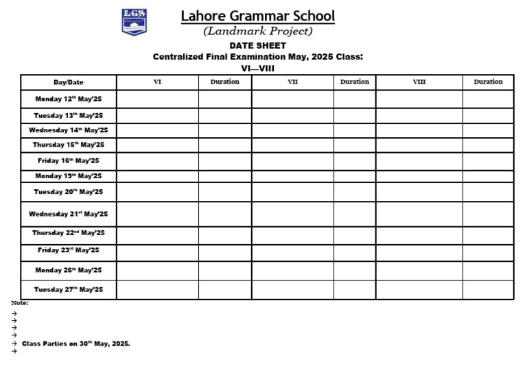 Class 8 Final Exam Date Sheet 2025 | PDF