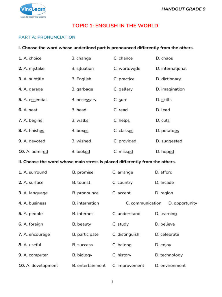 (24-25) (TQK-TP) G9-Handouts-SEM 1 | PDF | English Language | Adjective