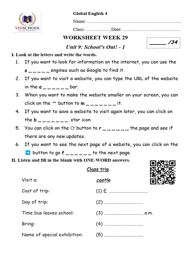 S4 - W29 - U9.1 - Weekly Worksheet | PDF