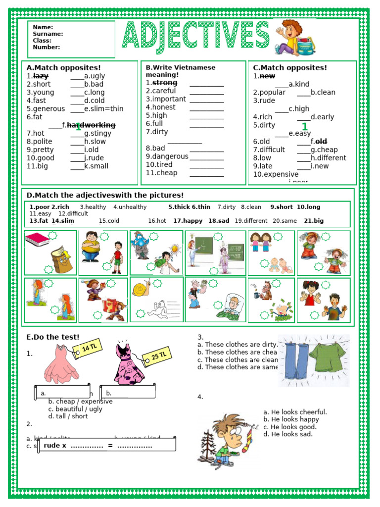 Adjective Matching and Vocabulary Exercises | PDF
