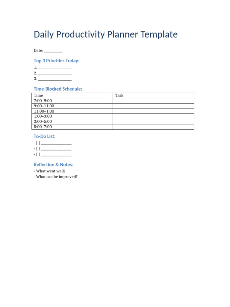 Daily Productivity Planner Template | PDF