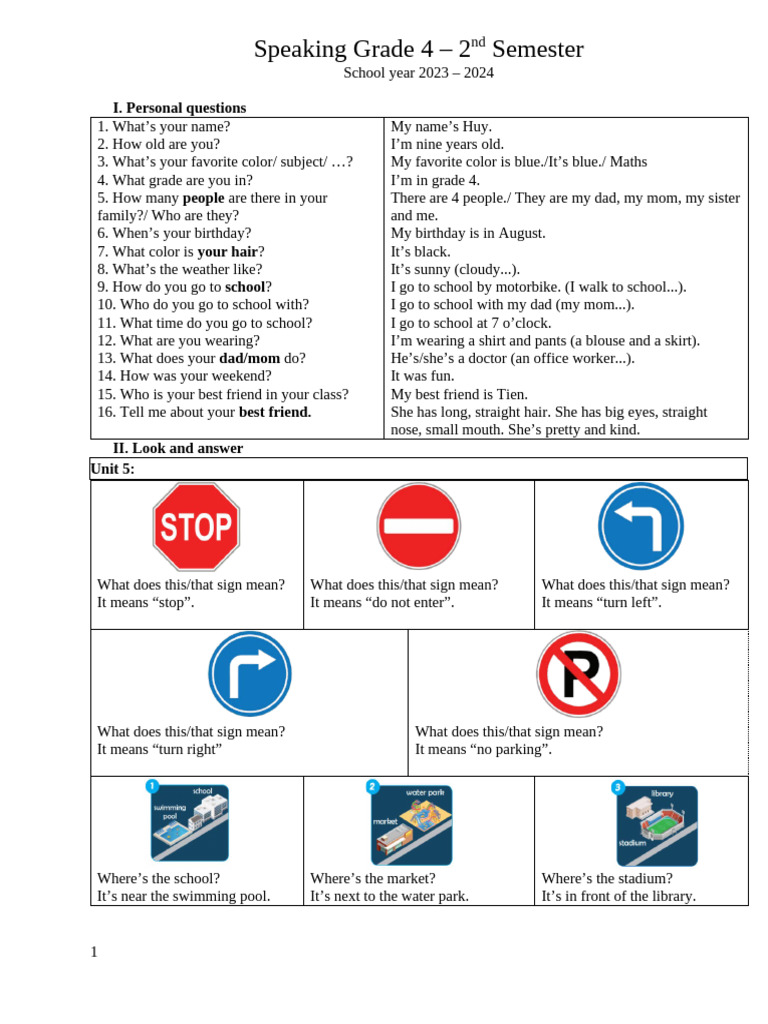 Grade 4 Speaking Questions Guide | PDF