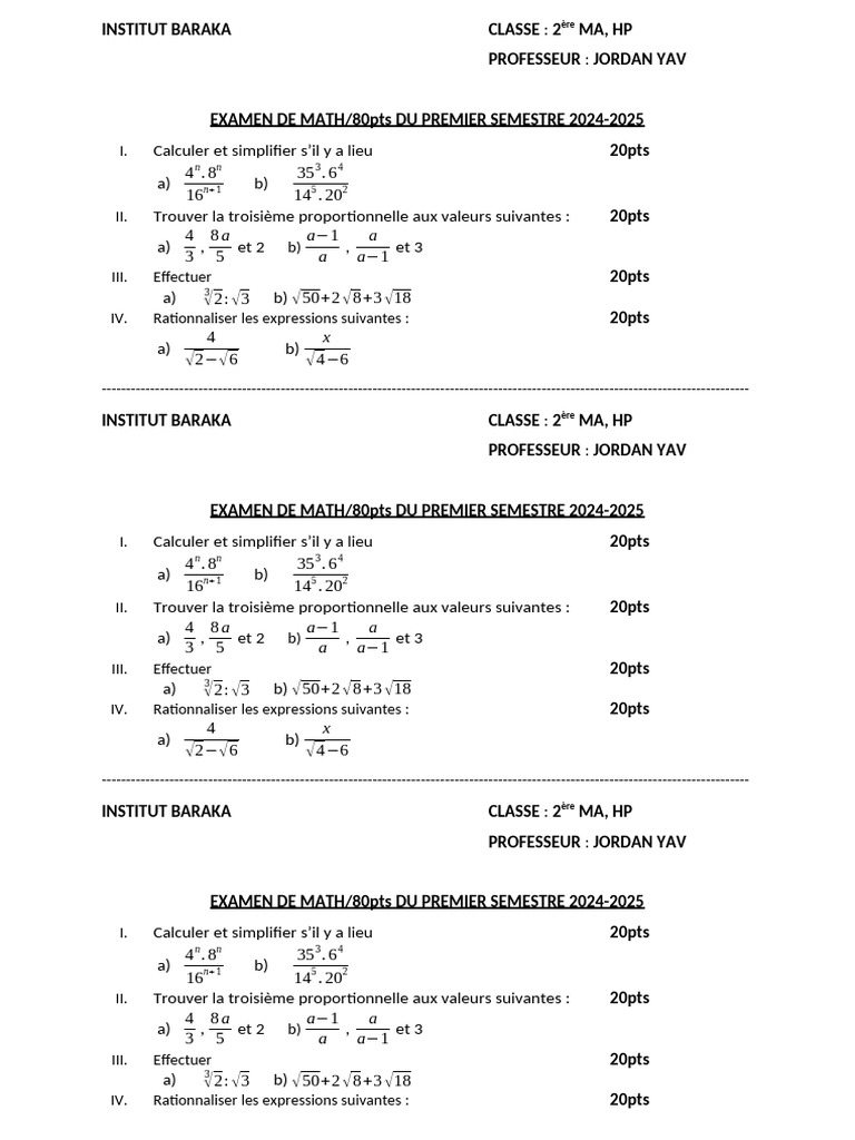 Examen de mathématiques 2MA, 2024-2025 | PDF