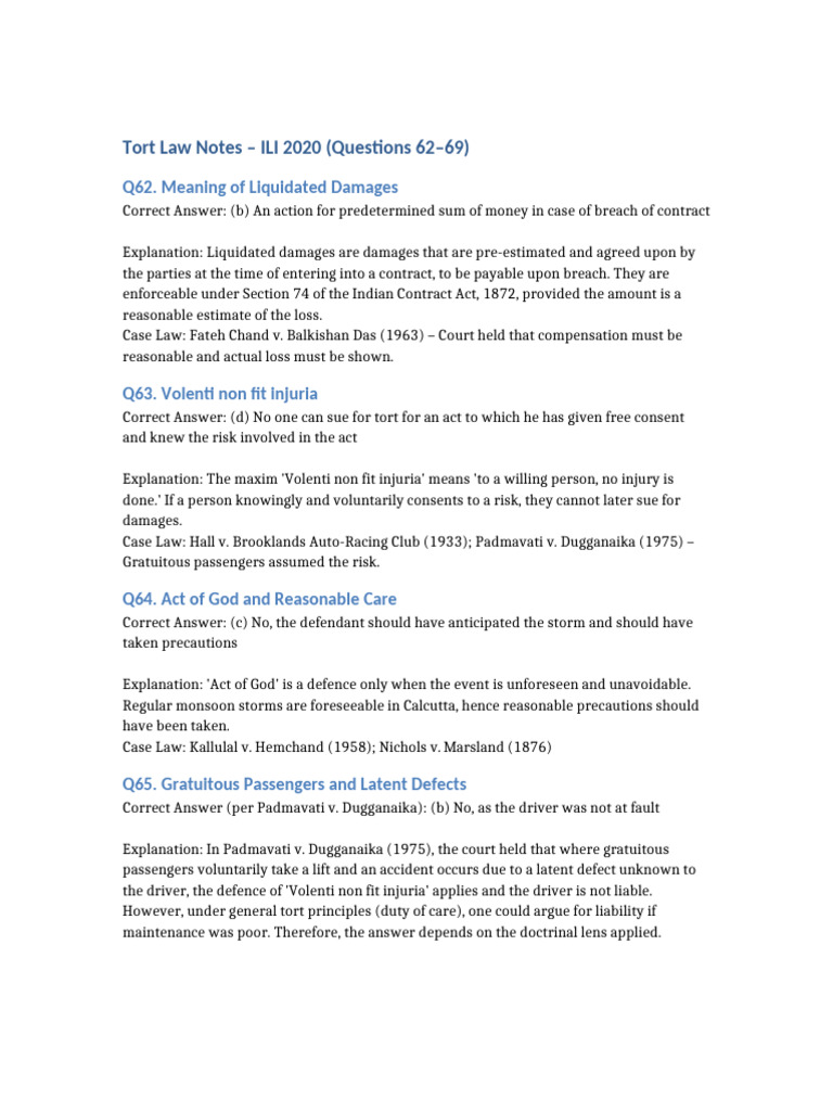 Tort Law Notes ILI 2020 Q62 75 Corrected | PDF | Negligence | Tort